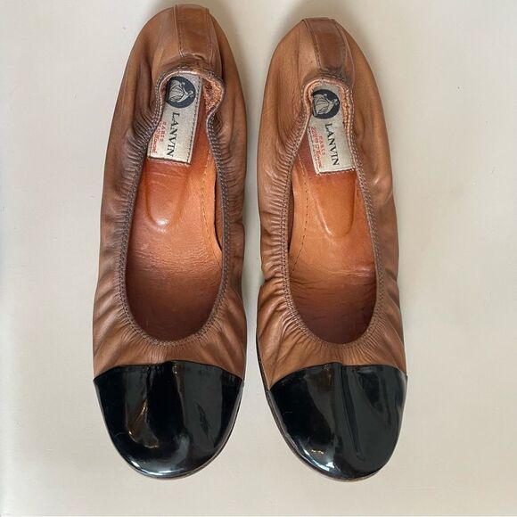 LANVIN Classic Color-block Tan and Black Scrunch Ballet Flat Size 40 - Picture 8 of 10